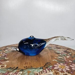 Vintage Murano Style Hand-blown Art Glass Paperweight Blue‎ Whale Dolphin Shape